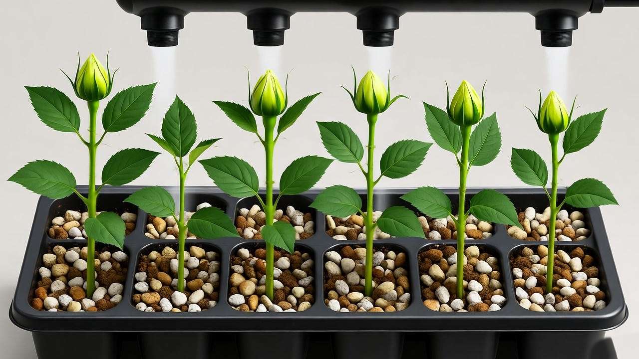 "Step-by-step propagation of spray roses with softwood cuttings in perlite tray."