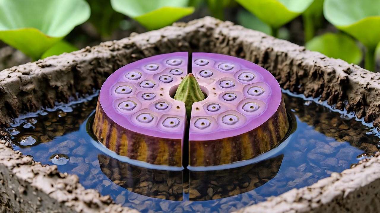 Divided purple lotus tuber replanted in clay soil container"
