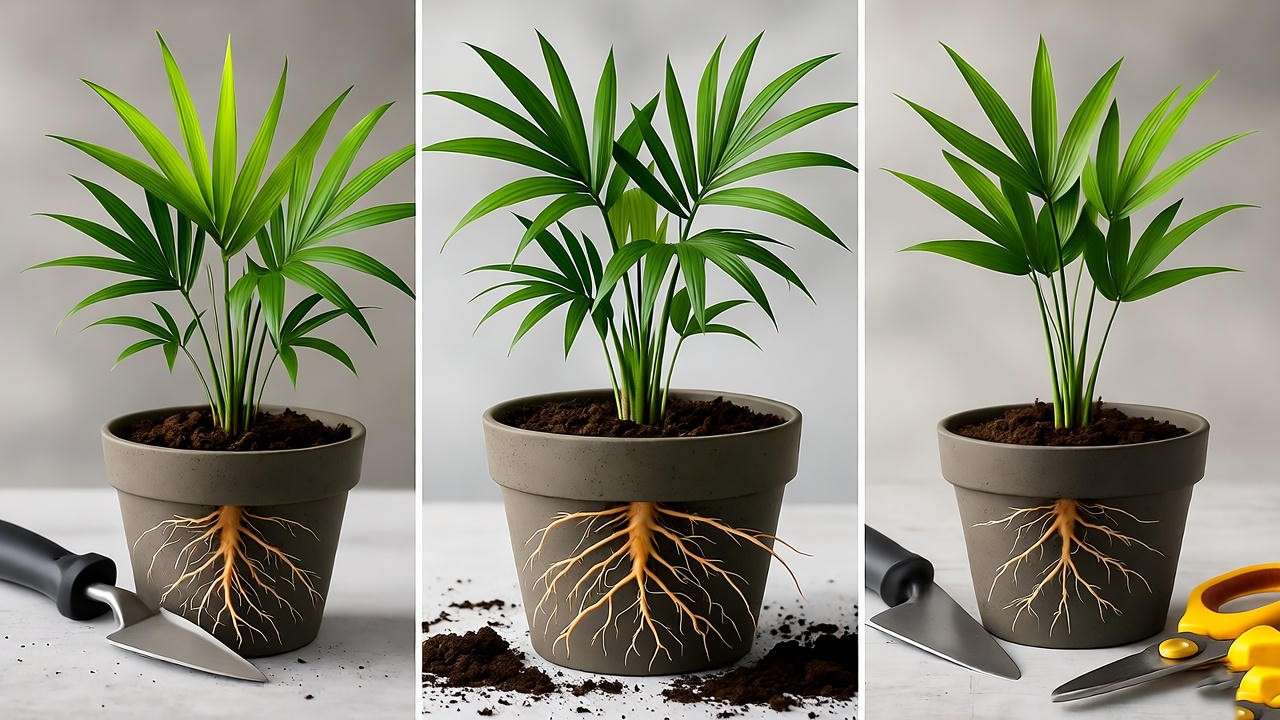 Step-by-step propagation of a miniature palm plant showing roots and separated sections in a potting setup. 