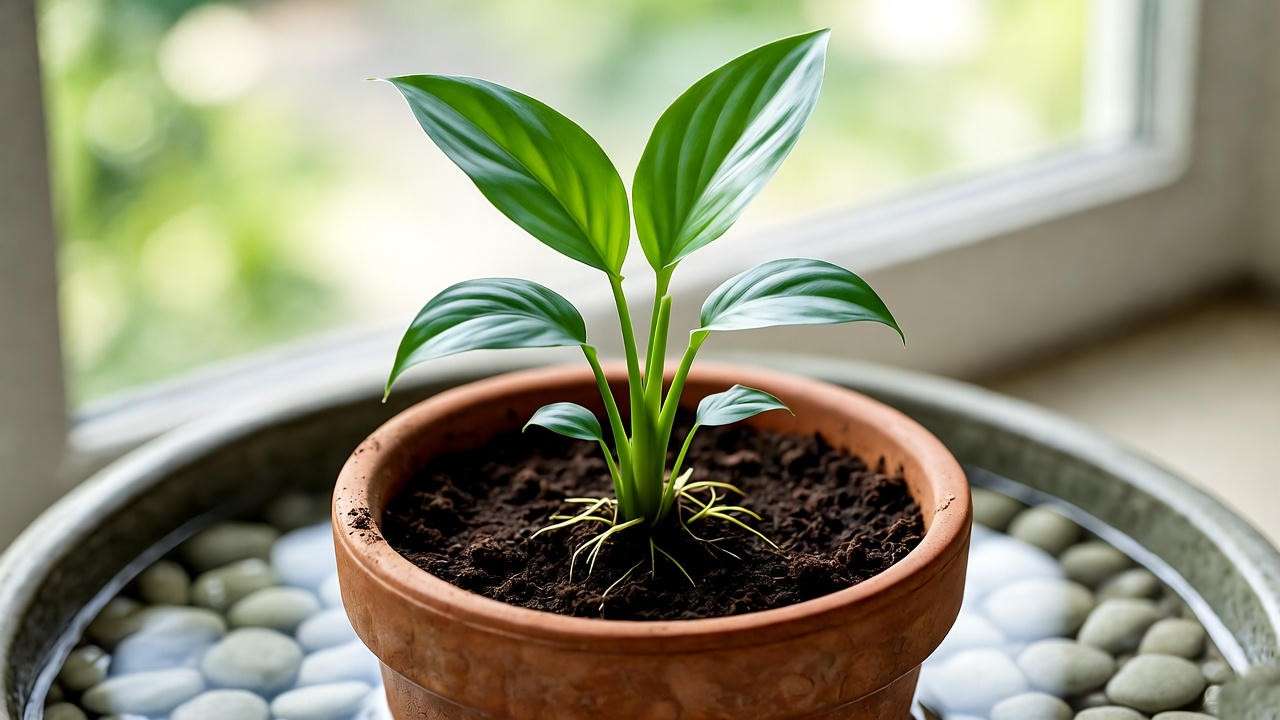 Small travel palm offset planted in a pot with a pebble tray in a humid indoor setting. 