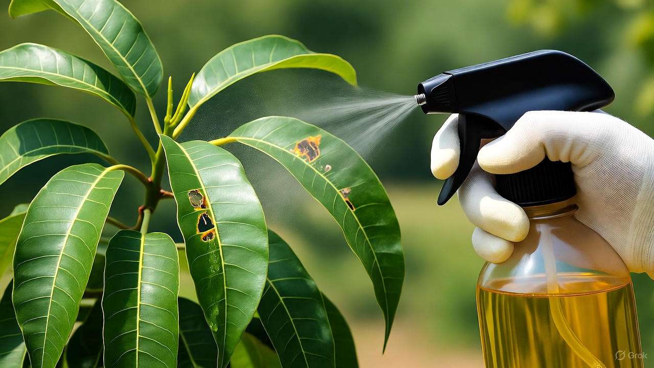 Keitt mango plant with pest damage treated with neem oil spray." 