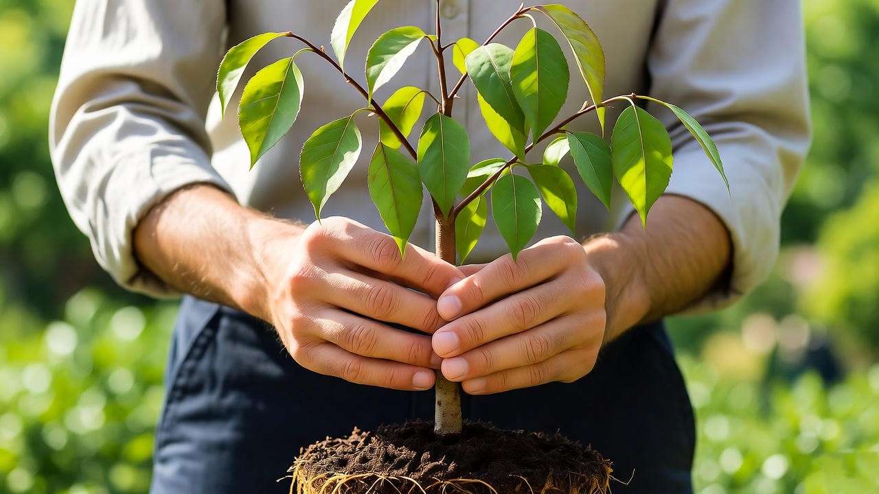  "Gardener inspecting bare root tree with wilting leaves due to transplant shock". 