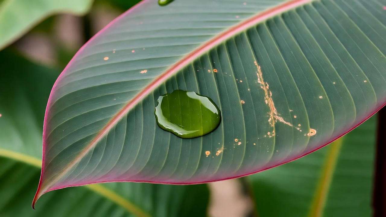 "Close-up of a Red Abyssinian Banana Tree leaf with pest damage and neem oil treatment in a tropical garden."