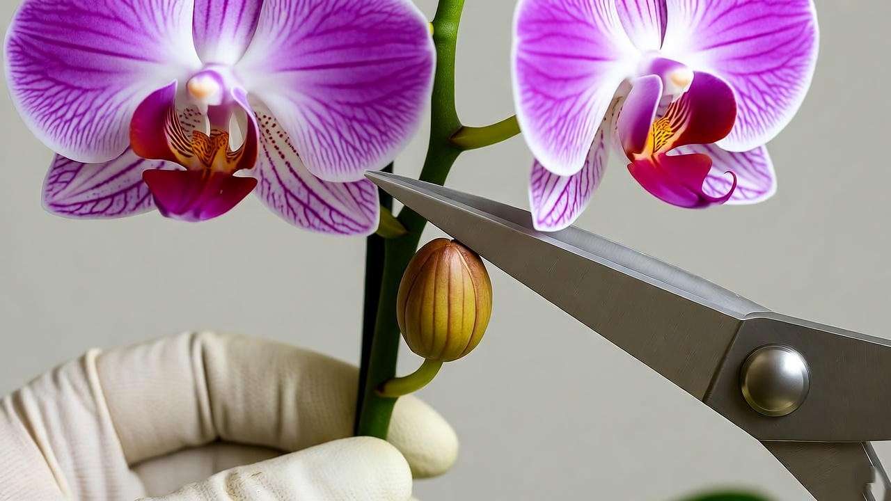 "Pruning a small orchid plant with sterilized scissors". 