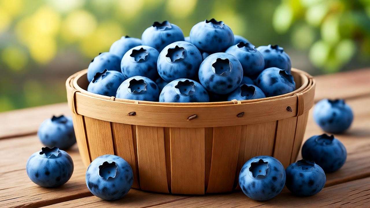 "Basket of freshly harvested Sunshine Blue blueberries on a kitchen counter." 
