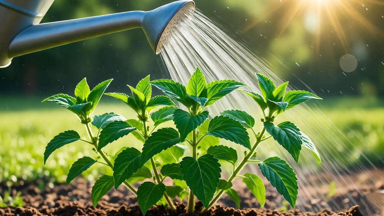 "Watering a thriving lemon balm plant in a garden bed". 