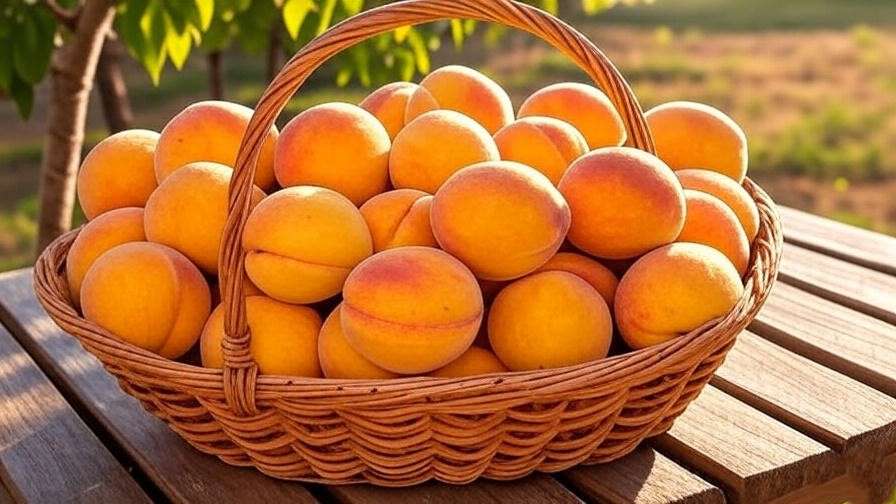 "Basket of freshly harvested Bonanza peaches on a garden table." 