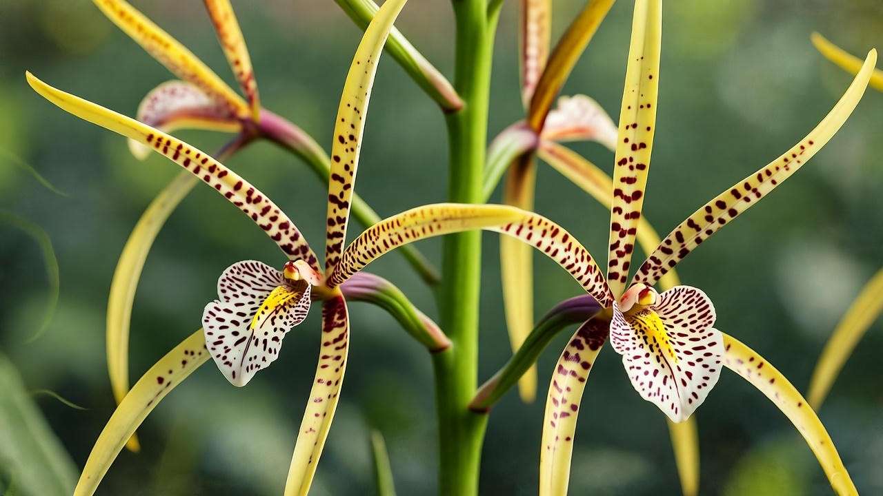Stunning spider orchid blooms with yellow-red petals staked on a green spike. 