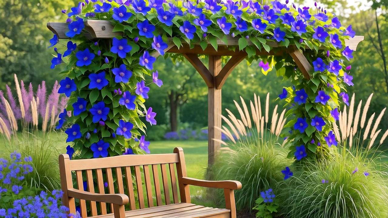  "Blue clematis on a pergola with ornamental grasses and garden bench". 