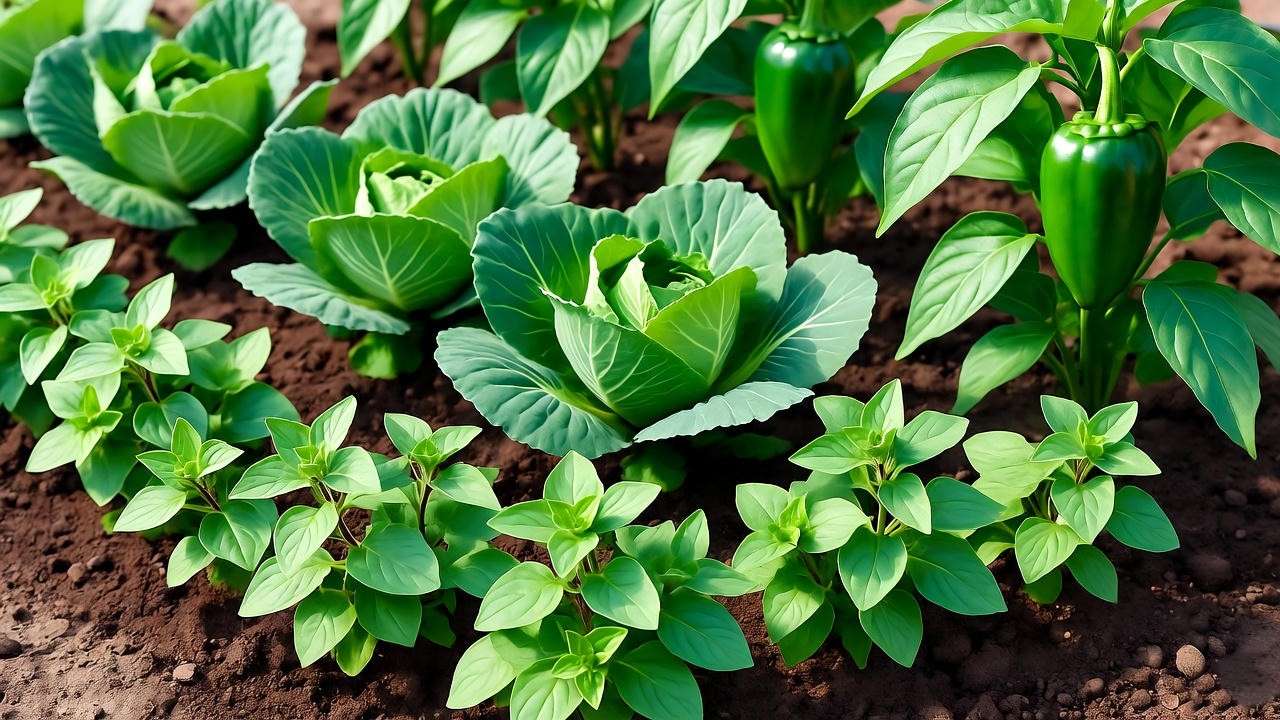 Oregano border layout with cabbage and peppers for pest resistance in a garden."