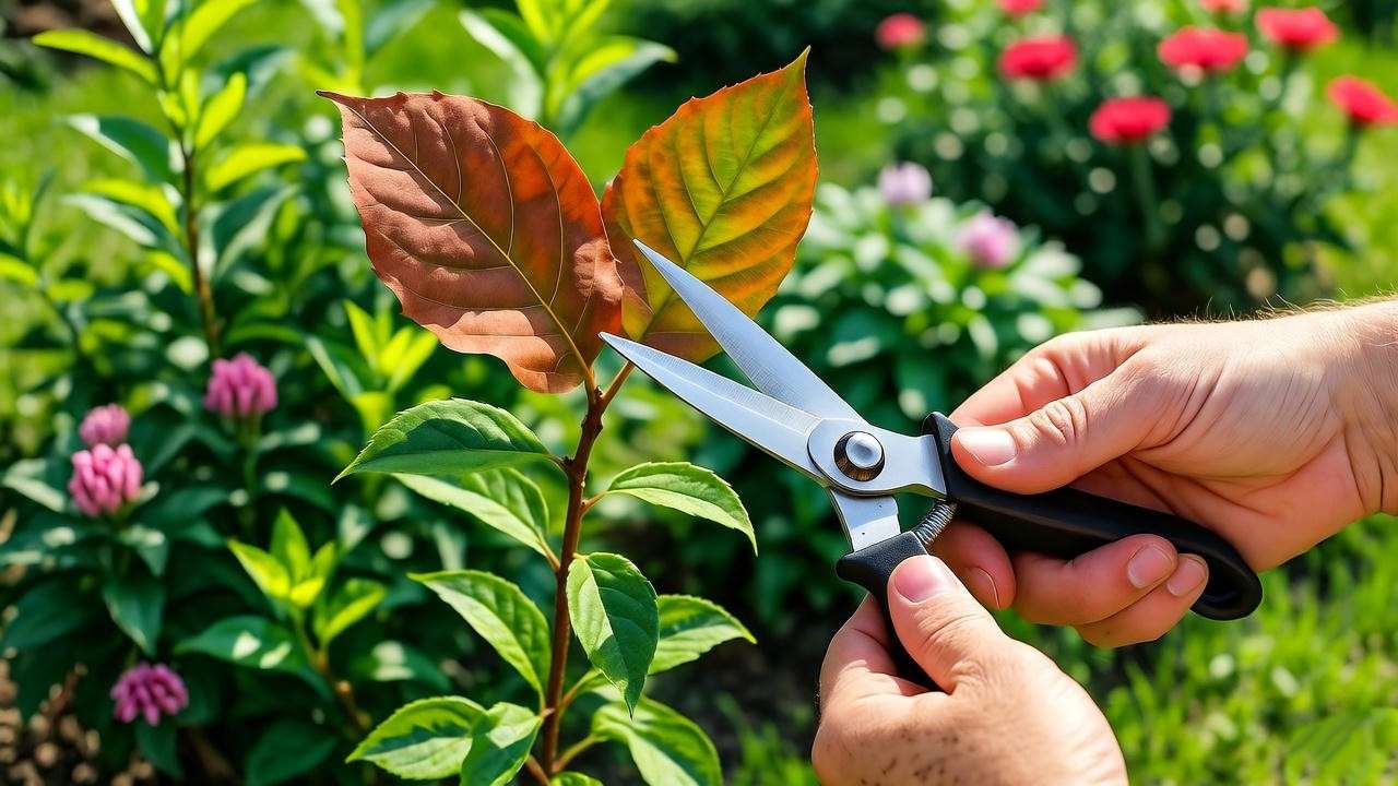 : "Gardener pruning brown leaves from green shrub with shears." 