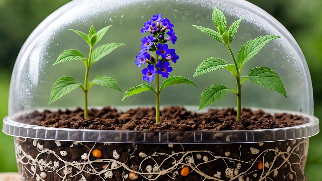 Close-up of blue butterfly bush cuttings in rooting medium under a plastic dome.