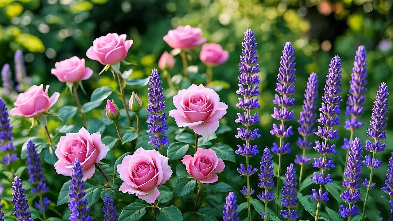 "Garden border with blooming spray roses, lavender, and salvia for pollinators."