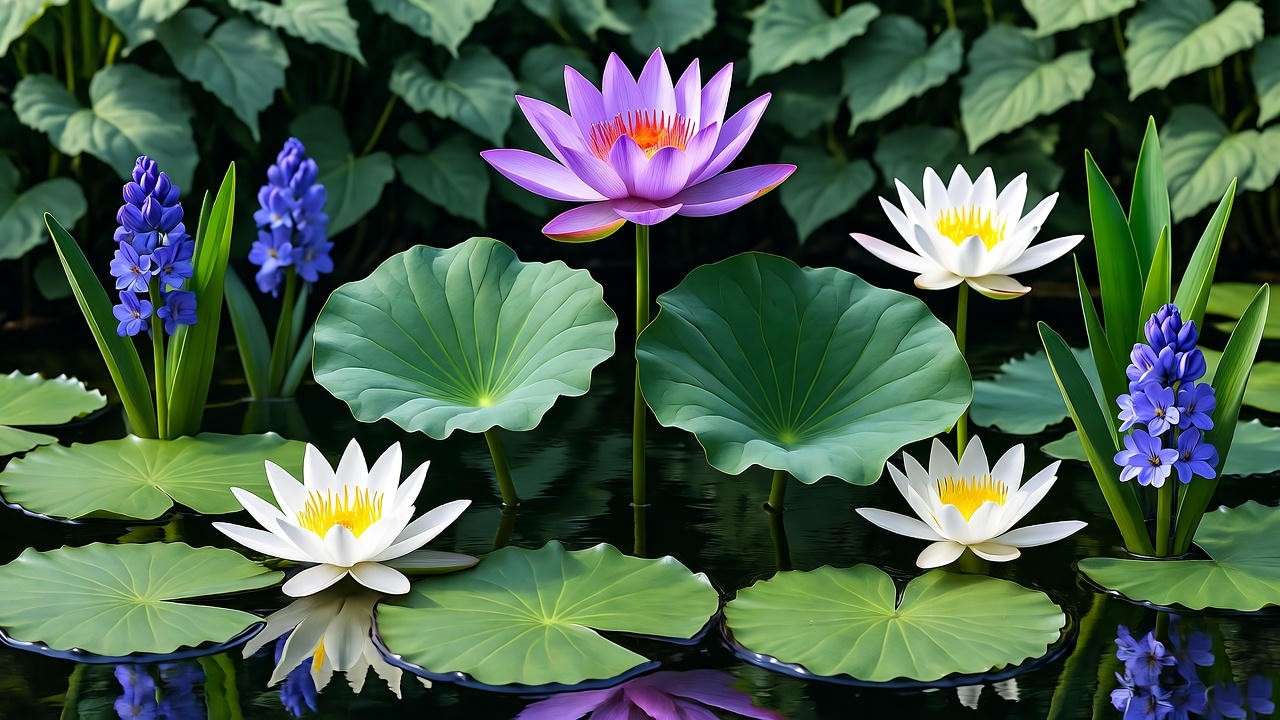 Water garden with purple lotus and companion plants like water lilies"
