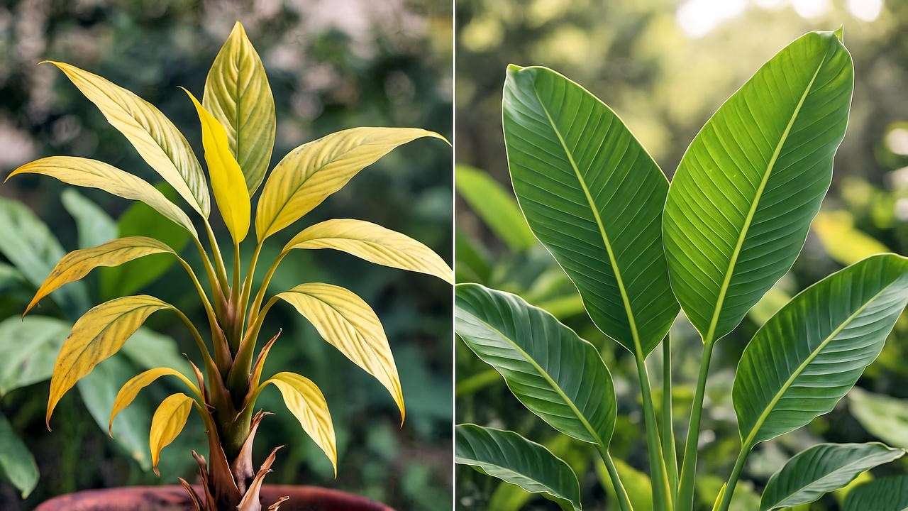 Comparison of a travel palm with yellowing and healthy green leaves in a tropical garden.