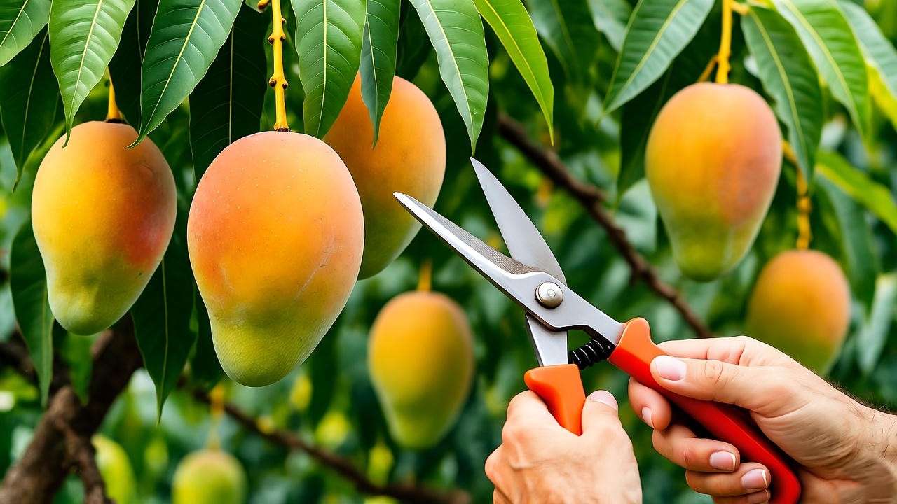  "Gardener harvesting ripe Keitt mangoes from a tree in a tropical garden."