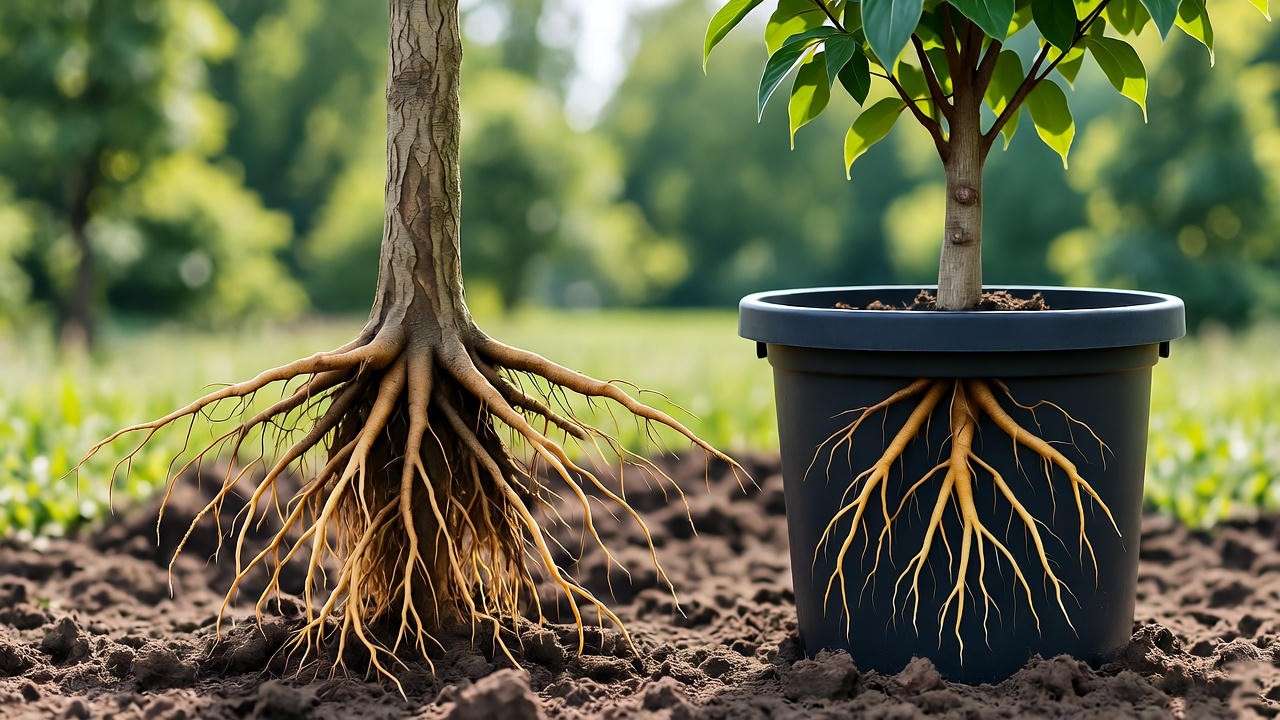 "Comparison of bare root tree and container-grown tree roots in a garden". 