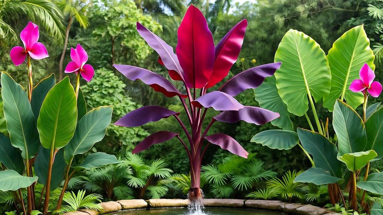 Tropical garden with Red Abyssinian Banana Tree, cannas, elephant ears, and a water feature." 