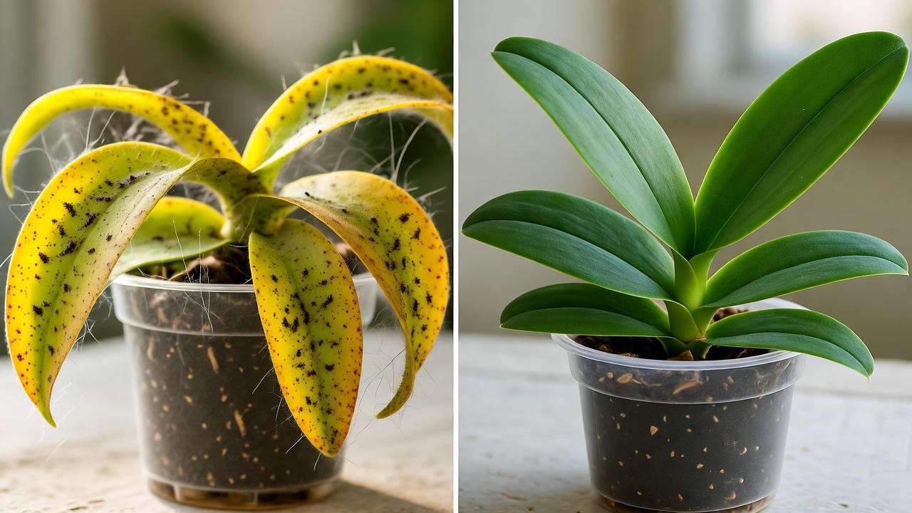 "Small orchid plant with spider mites and a healthy treated plant". 