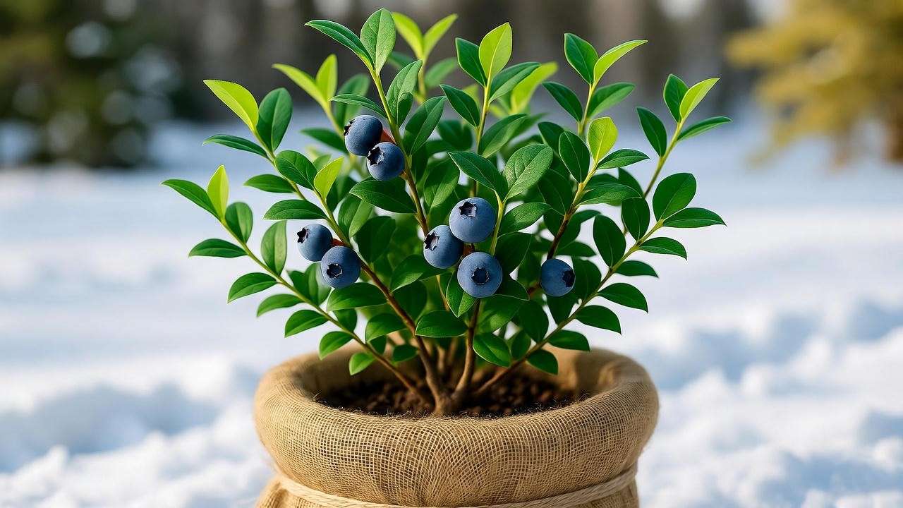 "Sunshine Blue blueberry plant in a container wrapped in burlap for winter care." 