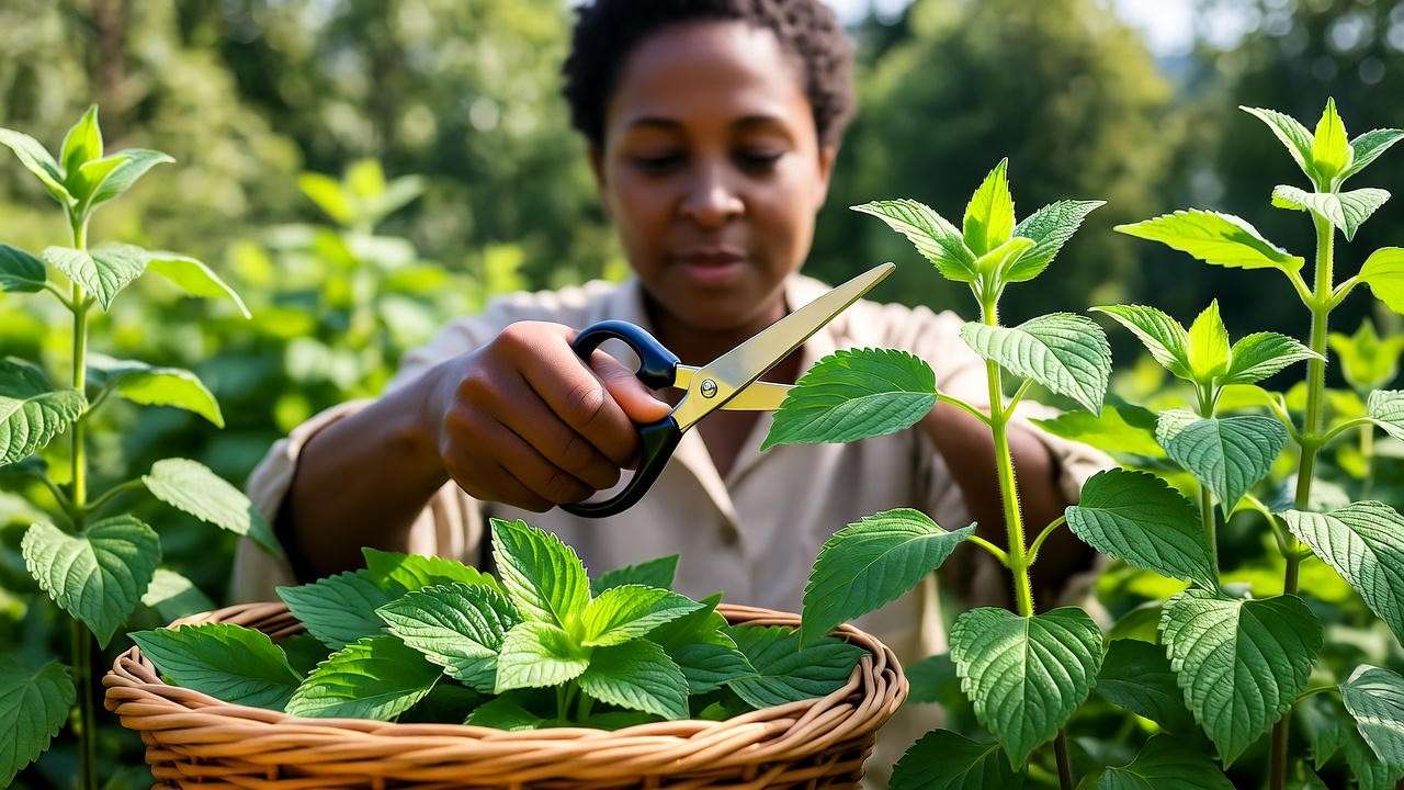"Gardener pruning lemon balm plant with harvested leaves in basket". 