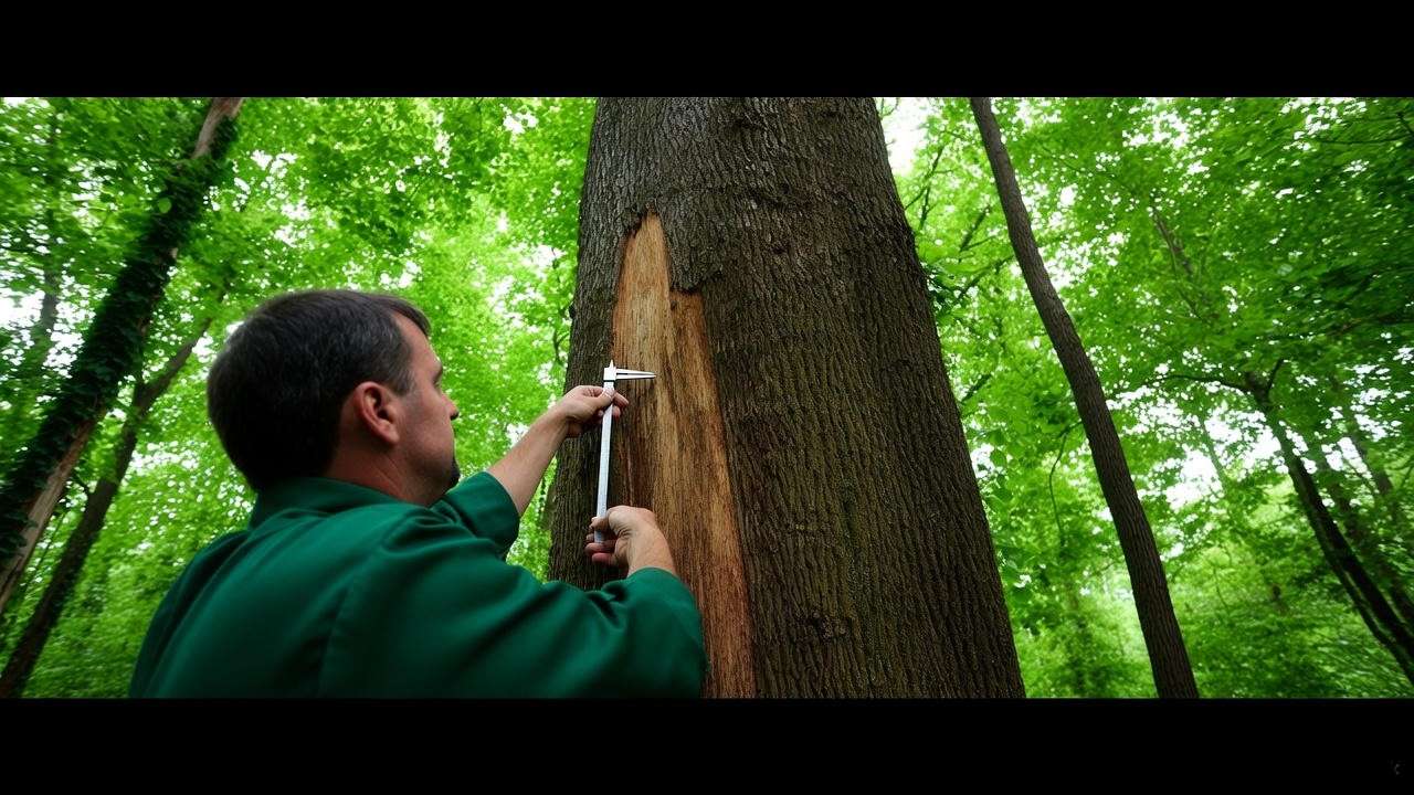 Arborist using a tree caliper on a tree trunk with visible pest damage in a forest. 
