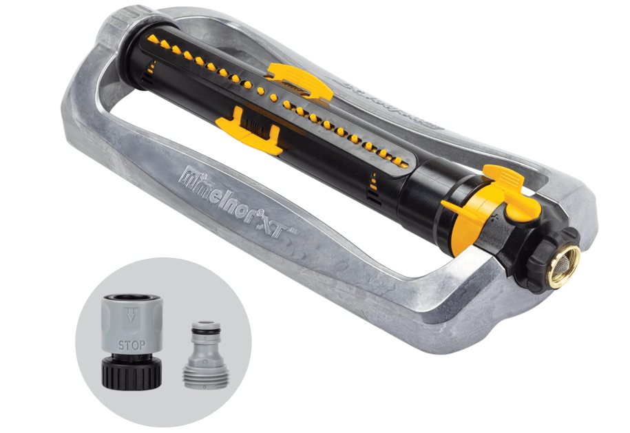 
Melnor 65154AMZ XT Turbo Oscillating Sprinkler, Metal Base, 4,500 sq. ft., Quick Connect Bundle, 3-Way Adjustable, Black, Yellow