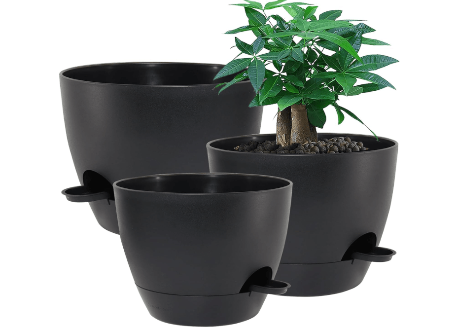 
UOUZ Large Self Watering Pots, 12/10/9 Plastic Planters with High Drainage Holes and Deep Reservoir for Indoor Outdoor Garden Plants and Flowers, Black