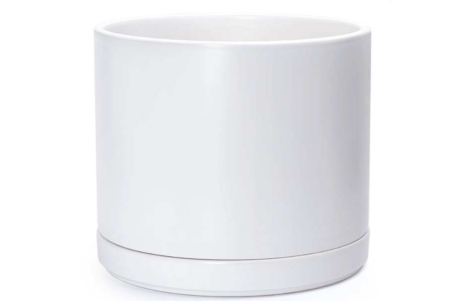 
D'vine Dev 14 Inch Ceramic Planter Pot with Drainage Hole and Saucer, Indoor Cylinder Round Planter Pot, White, 94-O-G-1