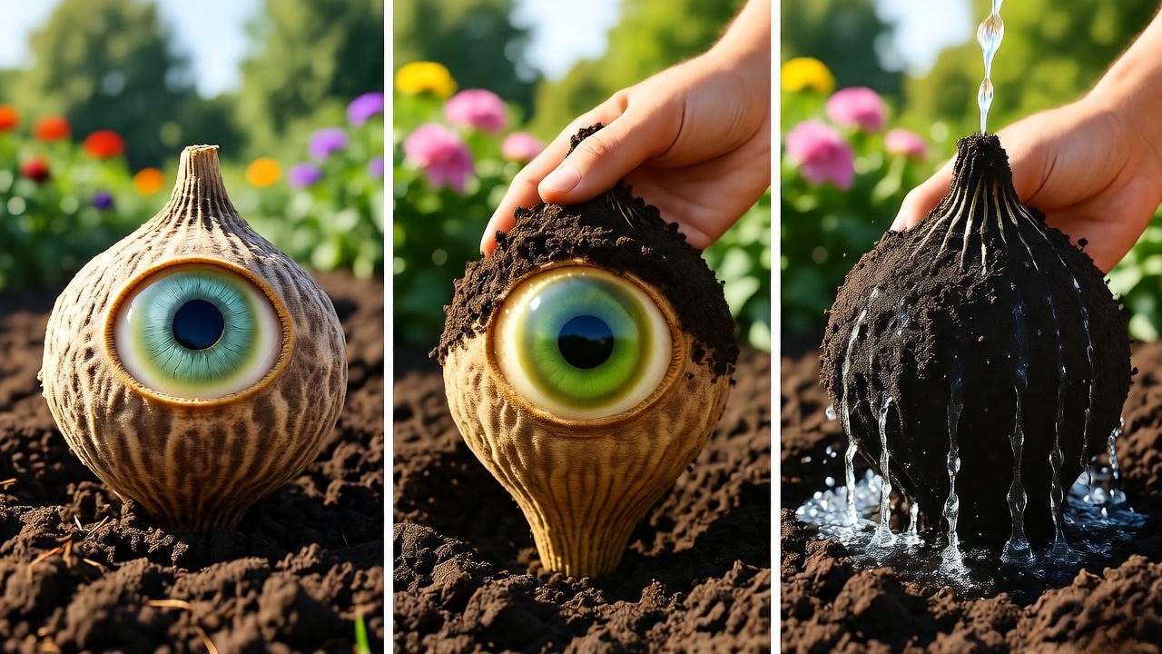 Gardener planting dahlia tuber with eye up in garden bed with water and lush background."