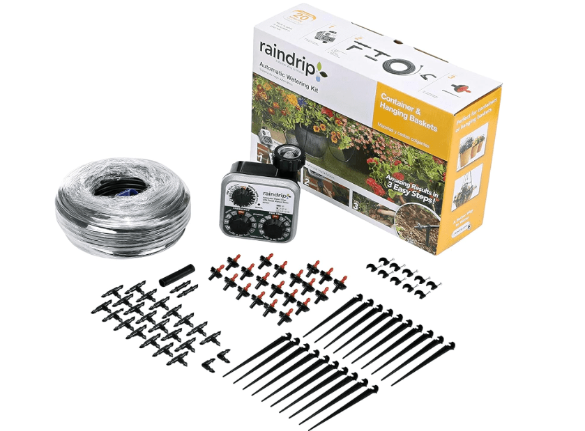 Raindrip R560DP Automatic Drip Irrigation Watering Kit with Customizable Timer for Containers and Hanging Baskets, Waters up to 20 Plants, Includes 20 
