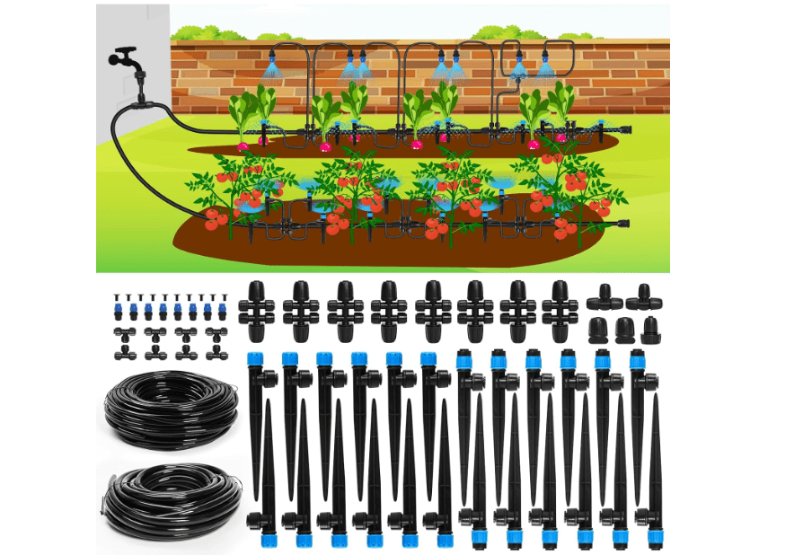 Bonviee Drip Irrigation System, 230FT Garden Watering System with Quick-to-Connect Fittings, Adjustable Drip Emitters, 1/4” & 5/16” Tubing, Drip