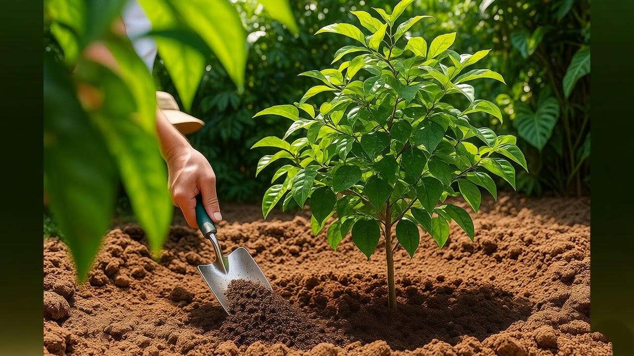"Gardener planting a Barbados Acerola cherry tree sapling in loamy soil with compost in a sunny backyard"