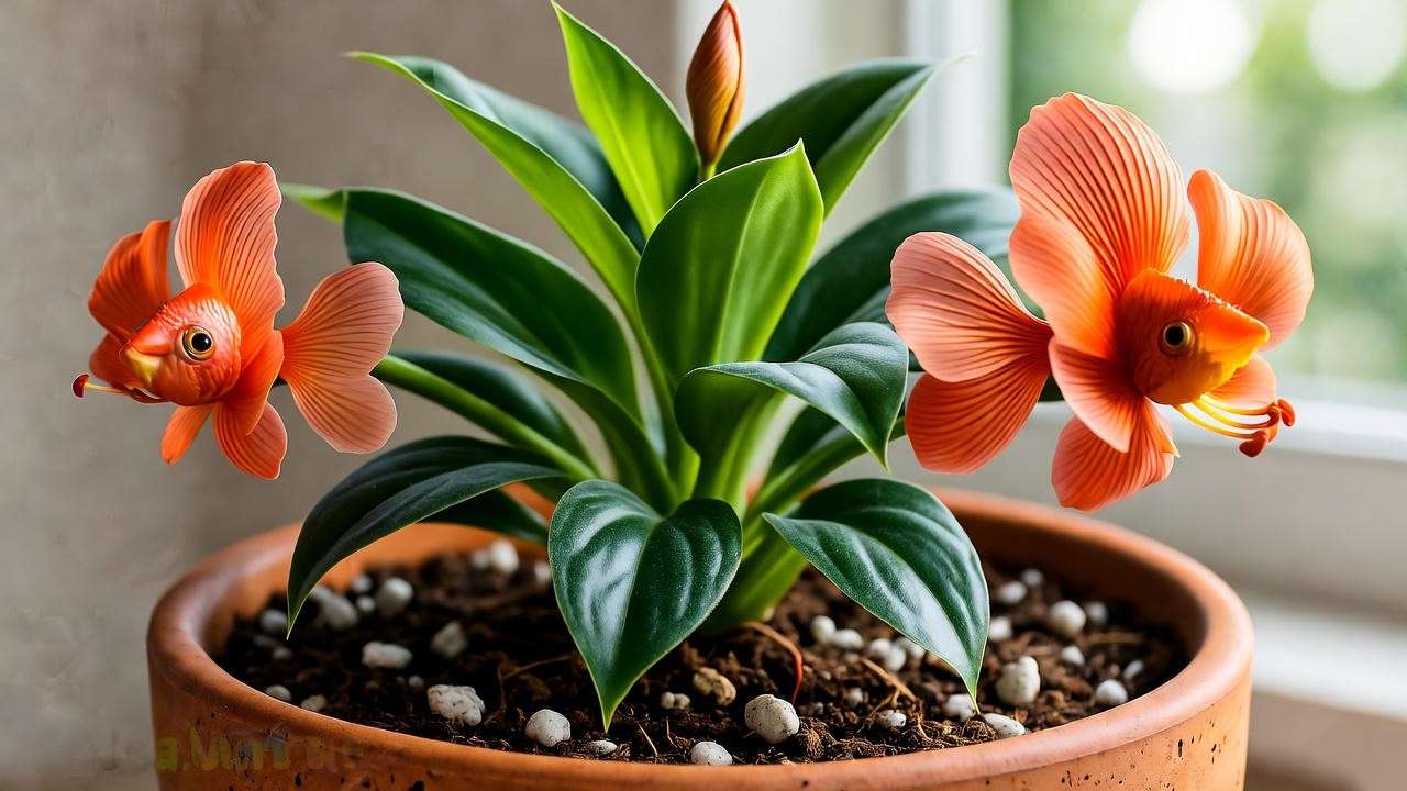 "Close-up of a black goldfish plant with orange-red blooms in well-draining soil mix". 