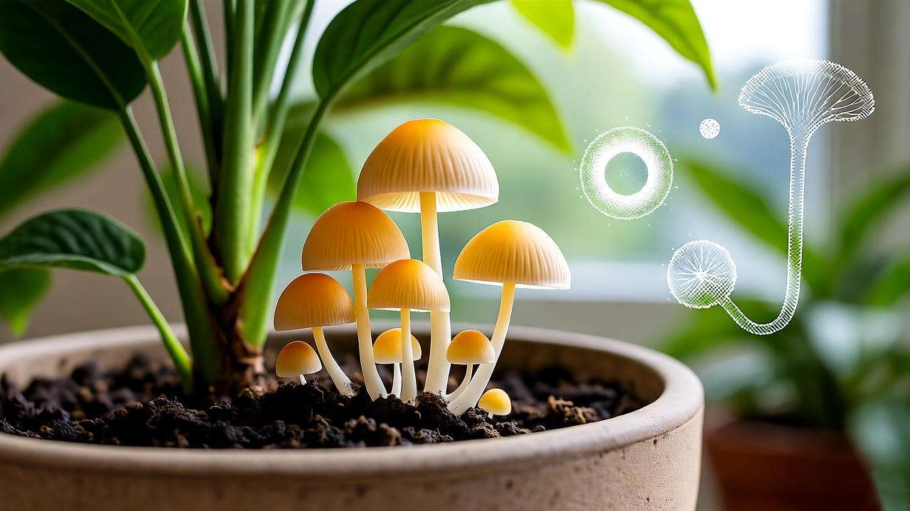 Close-up of yellow and white mushrooms growing in indoor plant soil with blurred green foliage and faint fungal lifecycle outlines. 