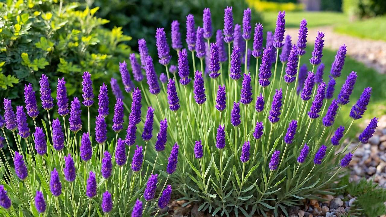"Variety of lavender hedge plants in bloom including Hidcote and Provence in a sunny garden bed." 