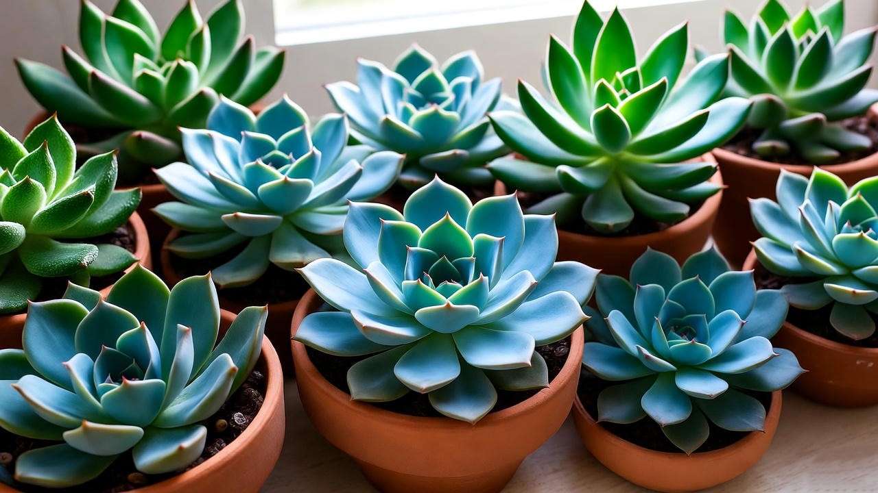 Close-up of blue succulent varieties in pots for indoor care."