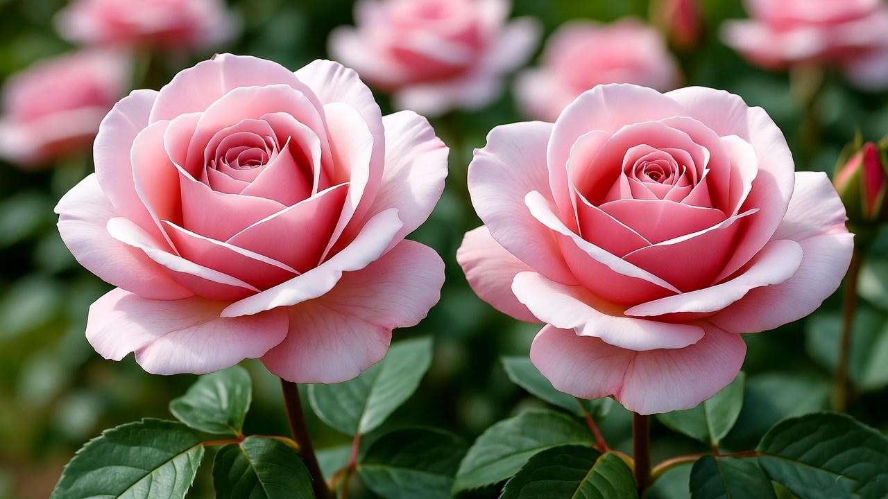 "Close-up of Queen Elizabeth rose plant with vibrant pink blooms and glossy green leaves in a classic garden."