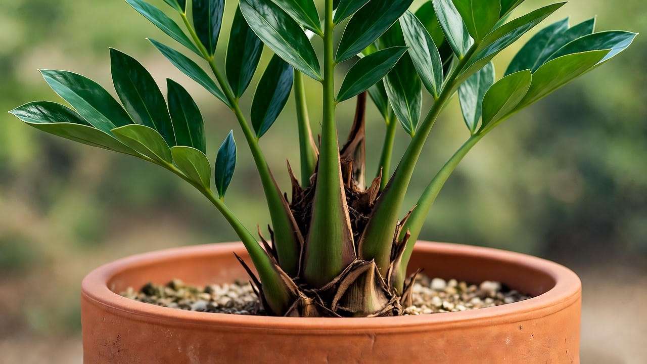 Close-up of a healthy cardboard palm plant in a well-draining pot with sandy soil