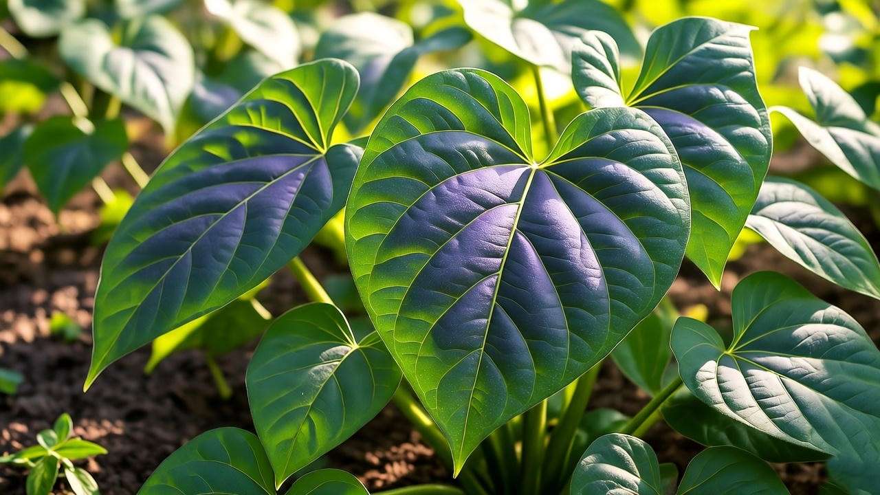 Close-up of vibrant sweet potato plant leaves in a garden, showcasing glossy green and purple foliage under sunlight. 