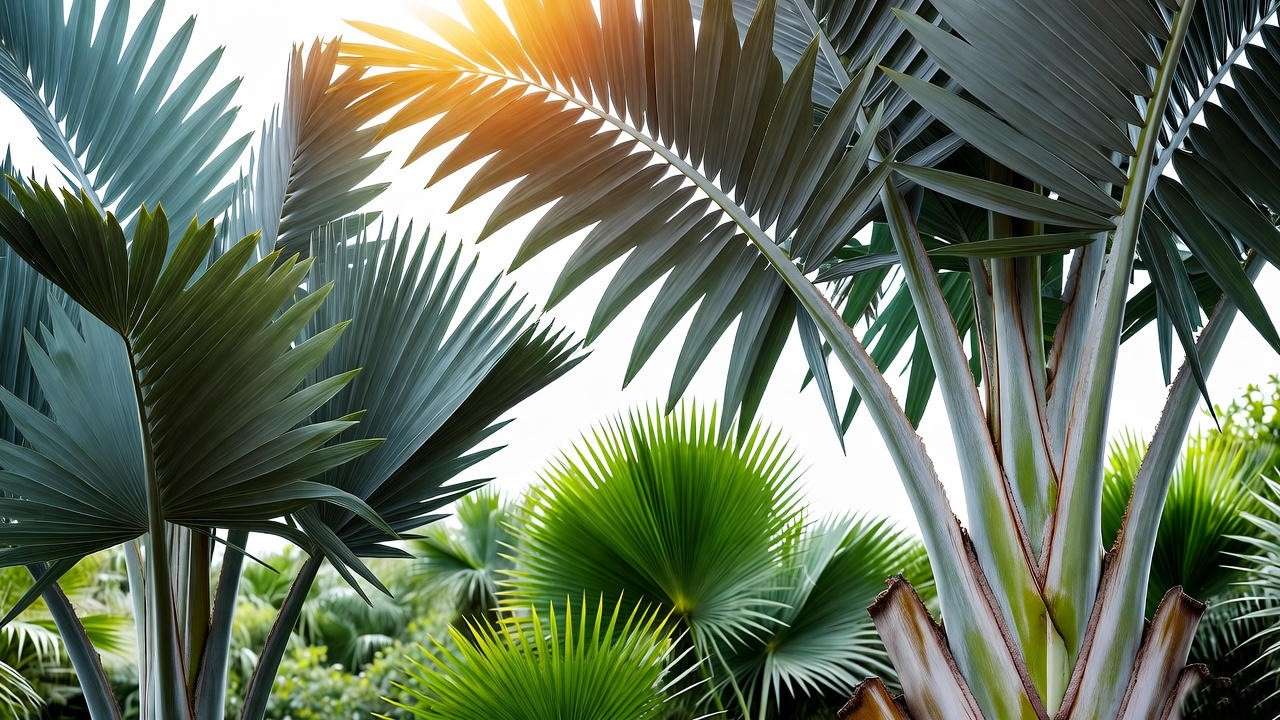 : "Healthy king palm plants showcasing different cultivars in a tropical garden". 