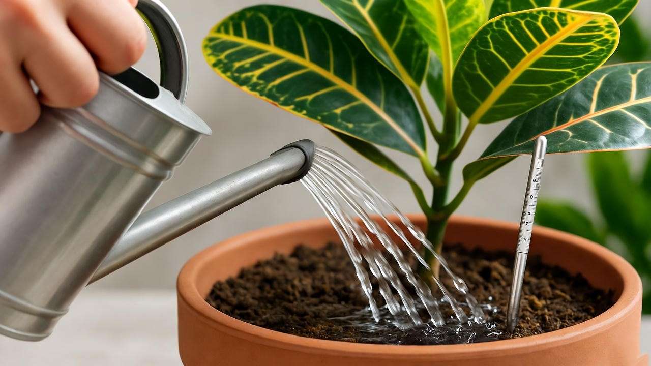  "Hand watering a banana croton plant with a moisture meter in a bright indoor setting." 