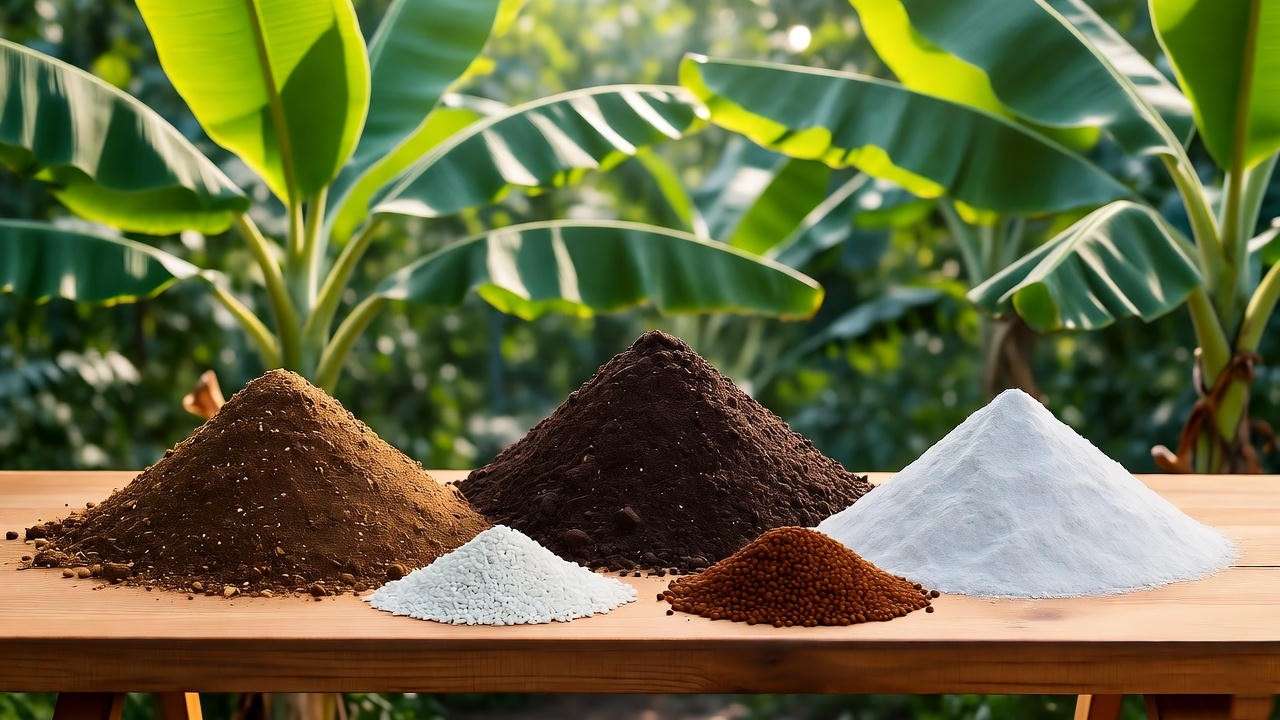 "Assortment of organic and synthetic fertilizers with banana plants in the background."
