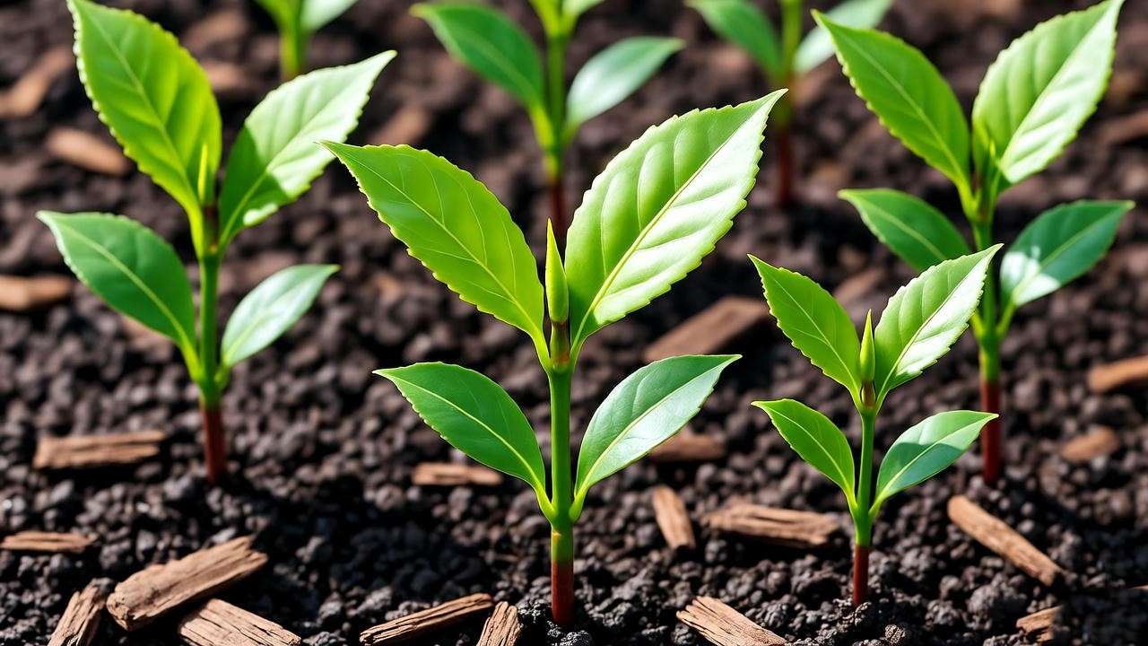 "Close-up of healthy Camellia sinensis seedlings in acidic soil with mulch, ideal for planting."