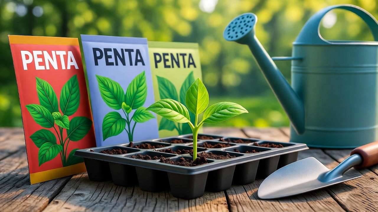 "Close-up of penta plant seed packets and sprouting seedlings with gardening tools on a wooden table." 