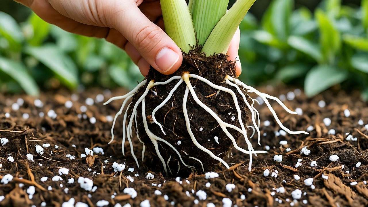 "Close-up of well-draining soil mix with ground orchid roots being planted". 