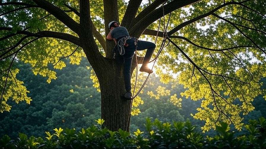 Professional arborist climbing a tall oak tree with a high-quality tree climbing rope and safety gear in a lush forest. 
