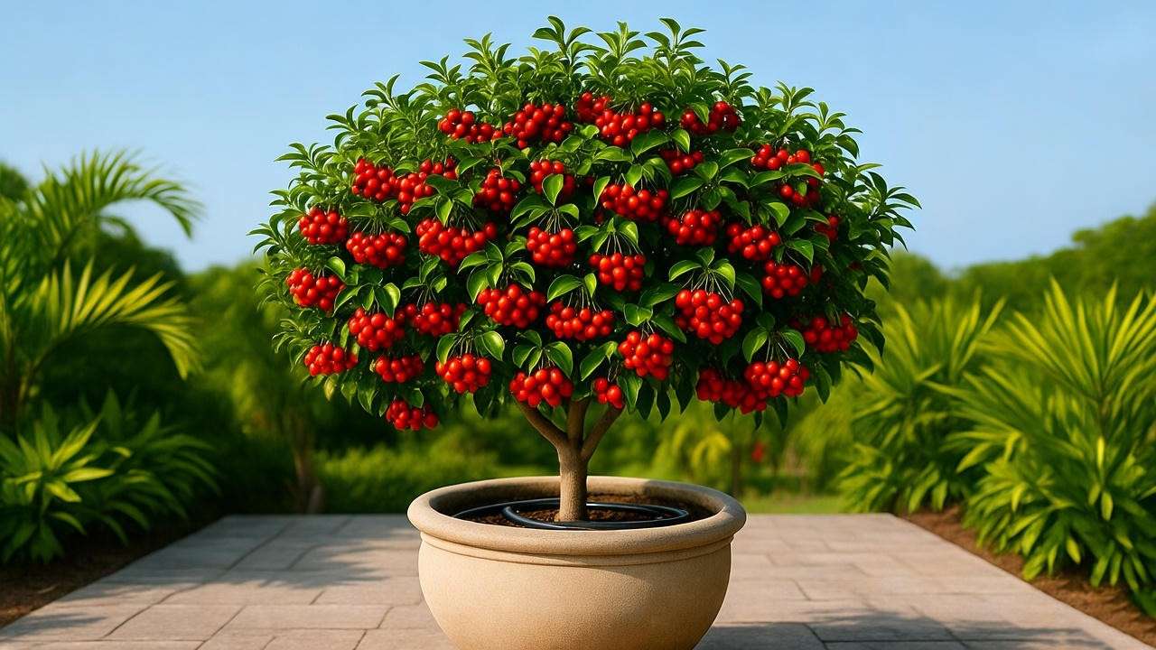  "Barbados Acerola cherry tree in a container with drip irrigation on a sunny patio" 