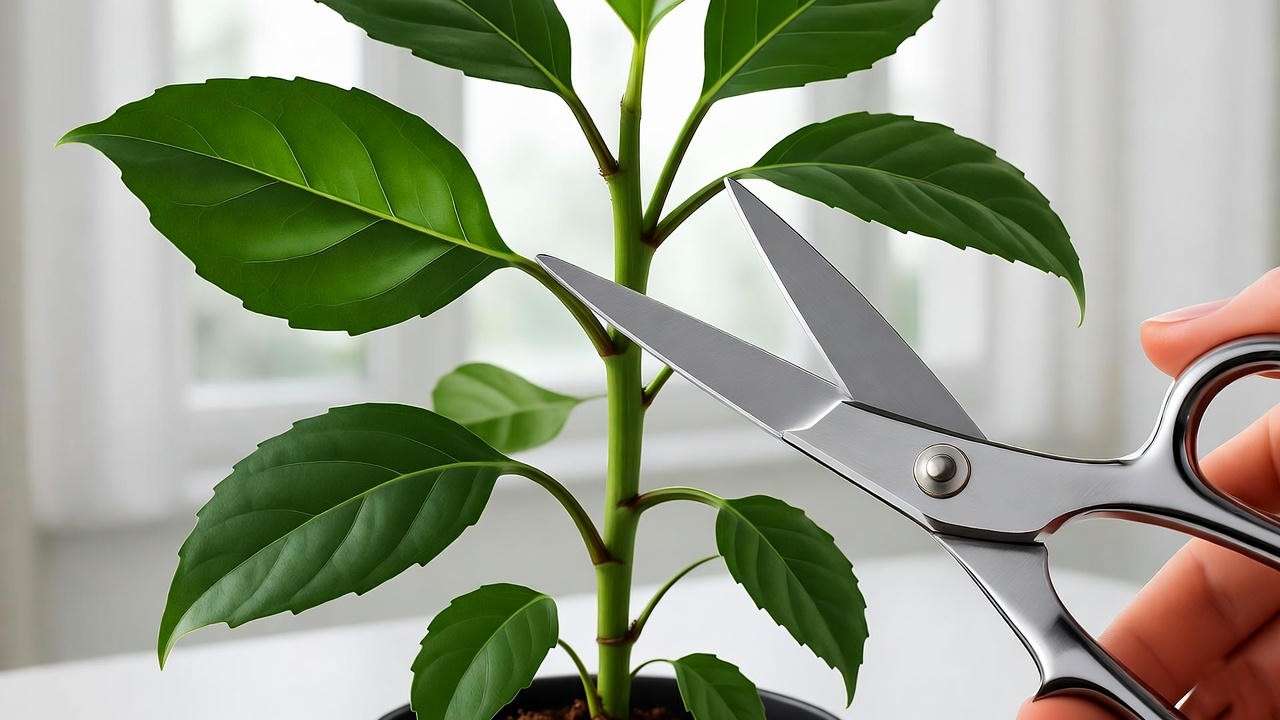  "Step-by-step pruning of a black goldfish plant with scissors and healthy leaves"