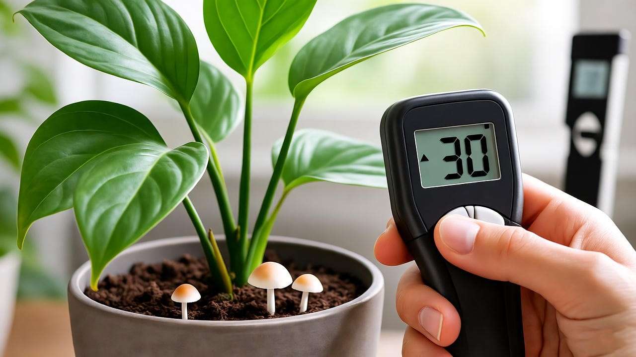 Indoor plant with mushrooms and a hand using a moisture meter to diagnose soil condition